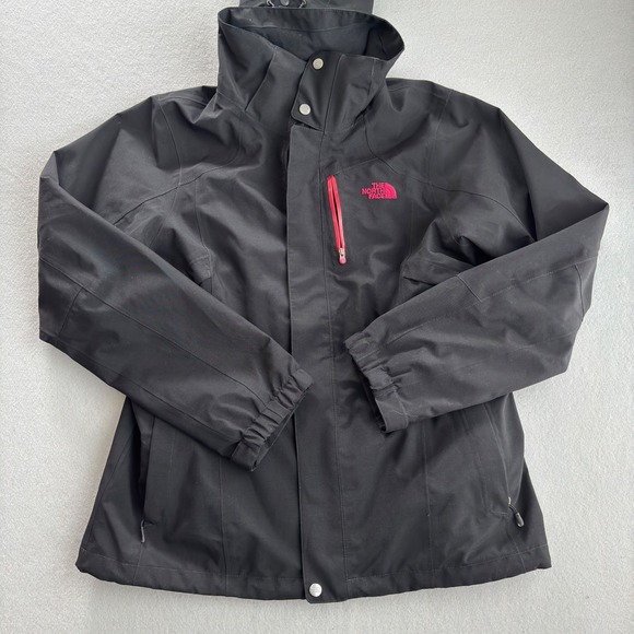 The North Face Jackets & Blazers - The North Face HyVent Rain Jacket Womens Large Black Pink Removable Hood Shell